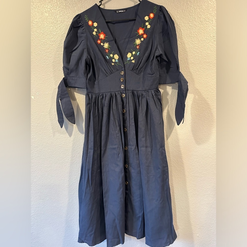 Shein navy embroidery design fall dress